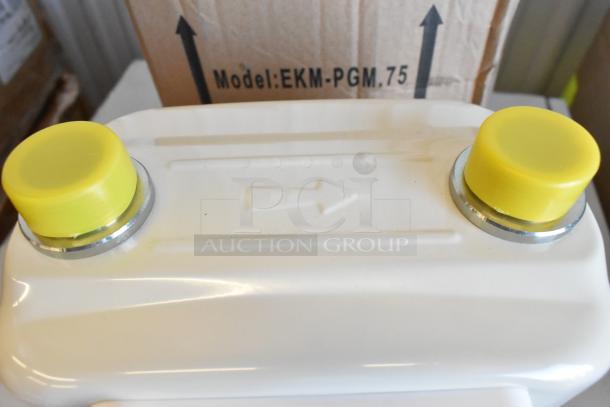 Brand new EKM Metering EKM-PGM.75 electric meter in box, model visible; features yellow caps and arrow indicator.