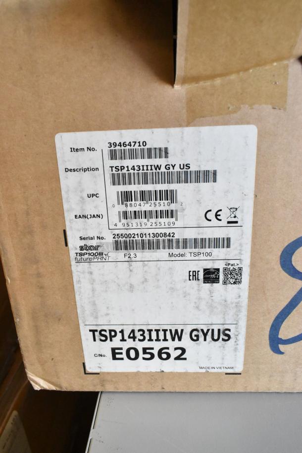 Box with Star TSP100III receipt printer label, description TSP143IIIW GY US, serial 2550021011300842, brand new.
