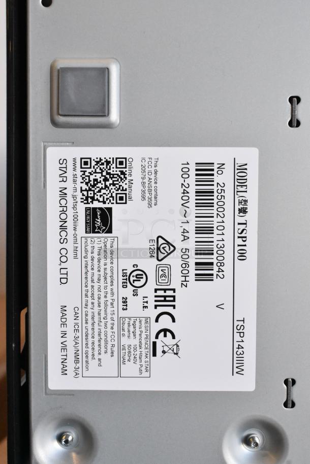 Label of Star TSP100III receipt printer with model number TSP143IIIW, specifications, and compliance details.