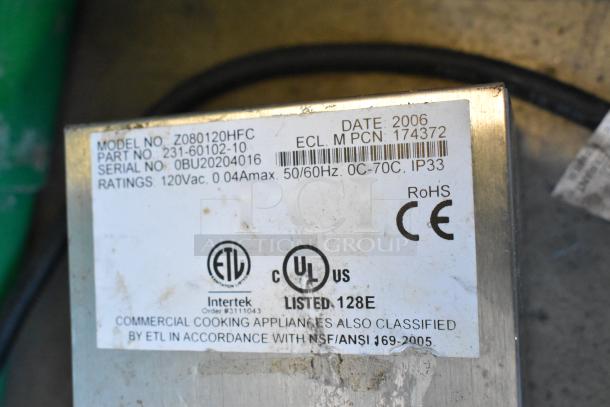 2 poly bins of miscellaneous items, including wires, legs, a router, tape dispenser, and timer. Serial: 0BU20204016, Model: Z080120HFC.