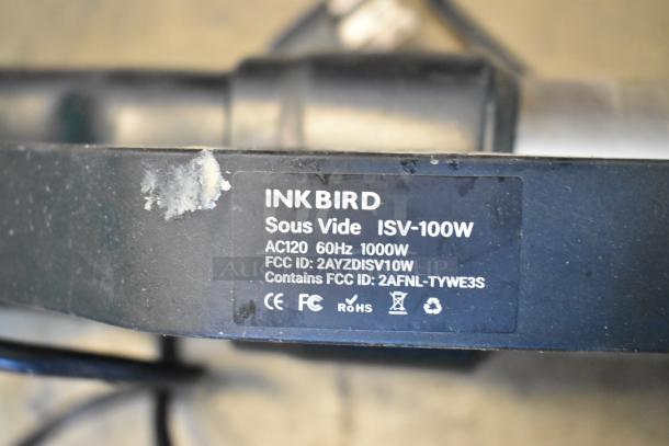 Inkbird Sous Vide ISV-100W label, AC120V, 60Hz, 1000W, FCC ID: 2AYZDISV10W, FCC compliance symbols visible.