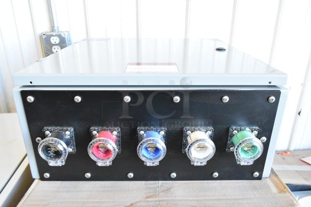 Brand new Power Assemblies gray metal box featuring multiple colored connectors on the front panel, in pristine condition.