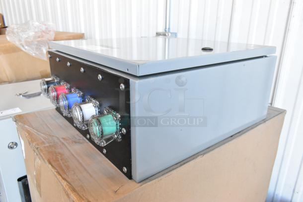 Brand new Power Assemblies gray metal box with colorful connectors. Unused in original condition, durable construction.