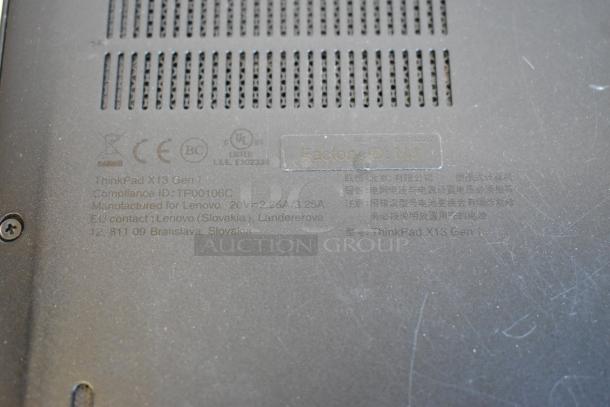 Label on Lenovo ThinkPad X13 Gen 1 laptop, indicating compliance ID TP00106C and manufacturing details in Slovakia.