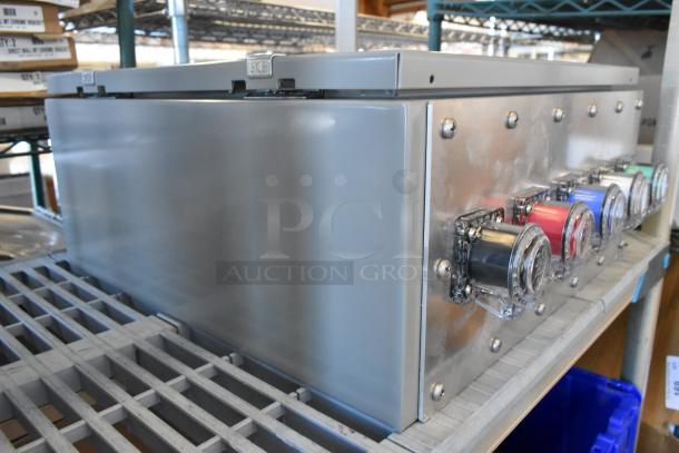 Power Assemblies gray metal box, 120/208 volts, 3 phase, features multiple colored connectors, excellent condition.