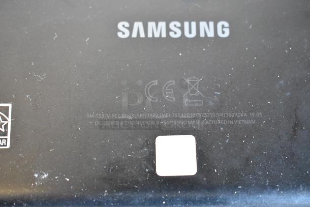 Back of a Samsung tablet showing model SM-T387V, FCC ID, and CE markings. Indications of use are visible.