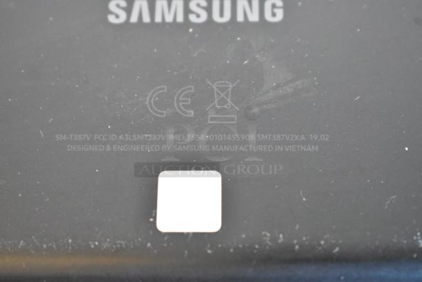 Samsung tablet, model SM-T387V, black, with visible CE markings. Manufactured in Vietnam.