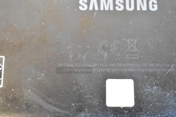 Four Samsung tablets, model SM-T387V, showing branding and manufacturing details. Moderate wear visible.
