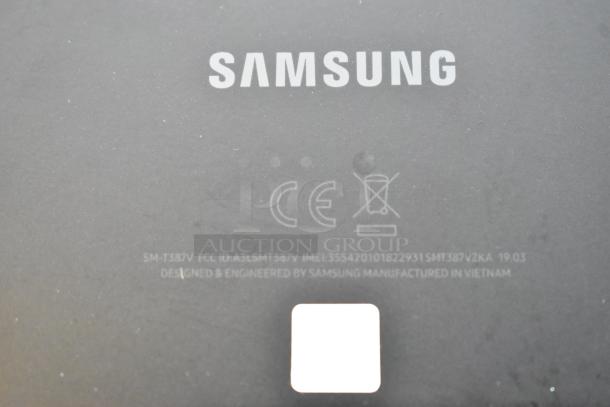 Samsung tablet back with logo, model SM-T387V, FCC ID A3LSMT387V. Designed and engineered in Vietnam labeling.