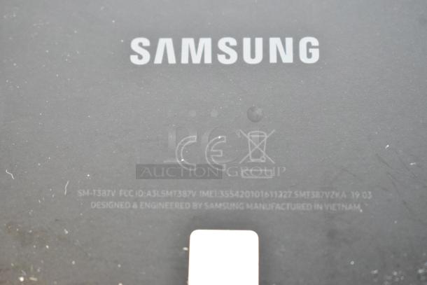 Back of a Samsung tablet showing the brand logo and model number SM-T387V. Includes CE and recycling symbols.