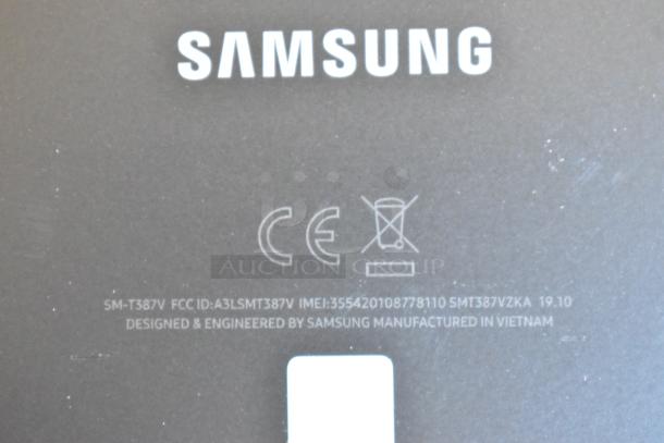 Samsung tablet label showing model SM-T387V, FCC ID A3LSMT387V, and IMEI 355420108778110. Designed in Vietnam.