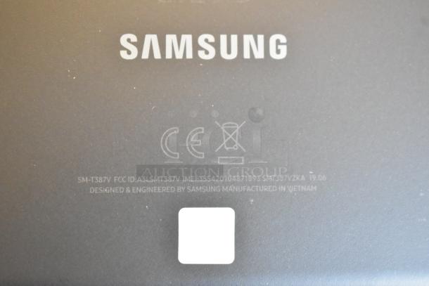 Samsung tablet back, showing model SM-T387V, FCC ID: A3LSMT387V, designed in Vietnam.