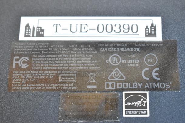 5 Lenovo tablet labels with model TB-8504F details, FCC and UL certifications, Dolby Atmos logo, and Energy Star label.
