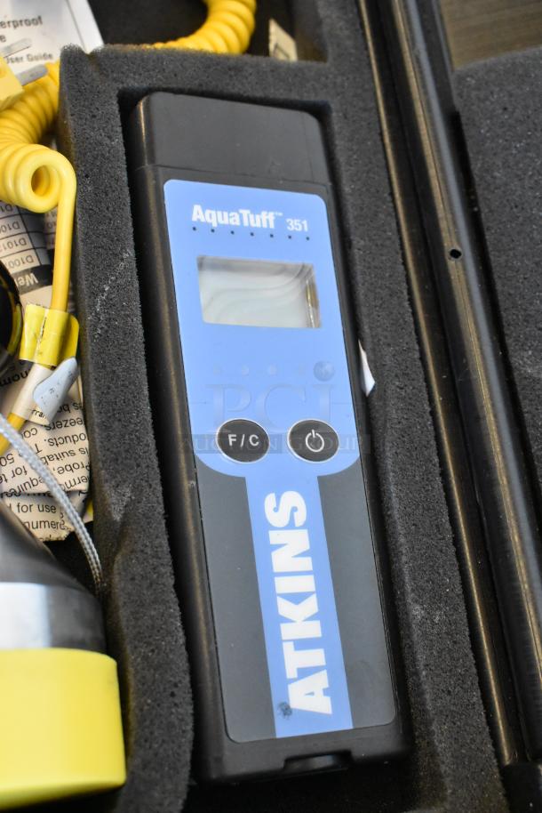 Atkins AquaTuff 351 thermometer in hard case, features F/C buttons, model label visible, in excellent condition.