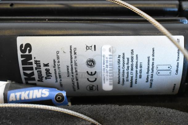 Atkins AquaTuff 351 Thermometer in hard case, temperature range -100°F to 999°F, Type K, AAA battery use, made in USA.