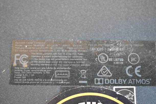 6 various tablets including Lenovo and Samsung, with visible FCC and UL labels. Model details: Lenovo TB-X606F, Dolby Atmos sound.