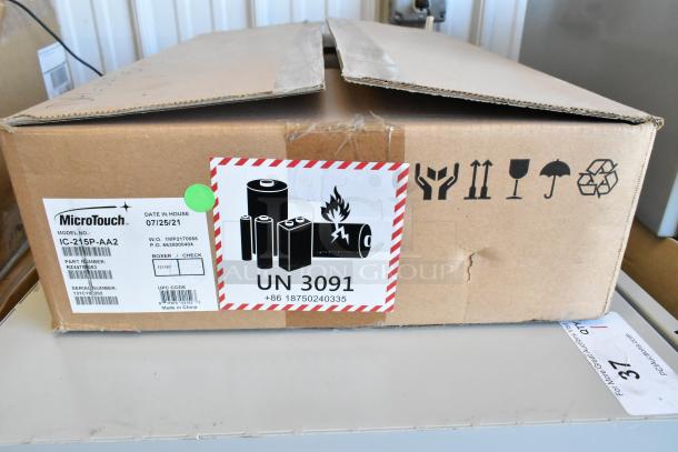 Cardboard box with MicroTouch IC-215P-AA2 Monitor label, part number RZ4470683, serial 131C10/202, made in China.