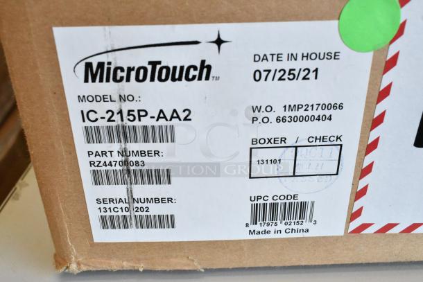 MicroTouch IC-215P-AA2 monitor packaging with part number RZ4470083 and serial 131C101202, dated 07/25/21. Made in China.