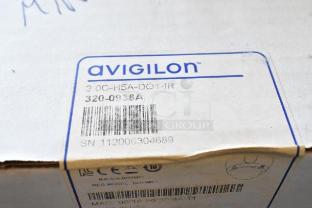 Avigilon box label showing model 2.0C-H5A-DO1-IR with barcode and serial number 112006304689.