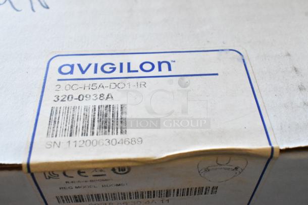 Label on Avigilon box, model 2.0C-H5A-DO1-IR. Displays barcode, model number, and serial number SN: 112006304689.