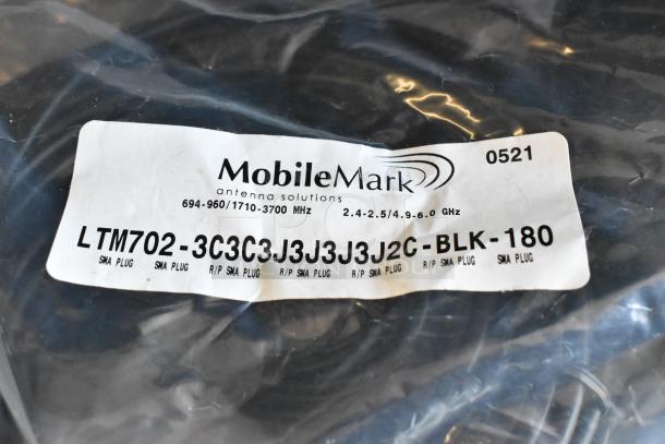 Brand new Mobile Mark LTM702-3C3C3J3J3J2C-BLK-180 antenna solutions, featuring SMA plugs for 694-960/1710-3700 MHz.