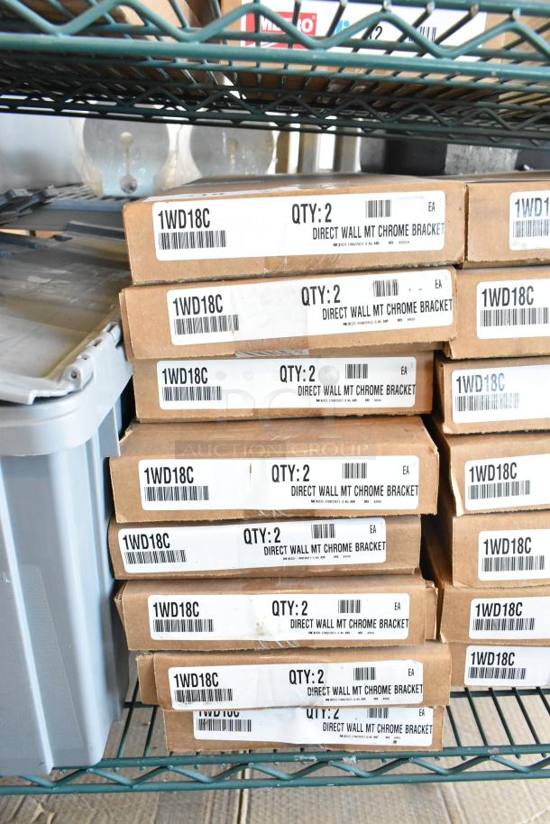 Box of Metro 1WD18C chrome-plated single 18" wall mount shelf supports, each box contains two brackets, brand new.