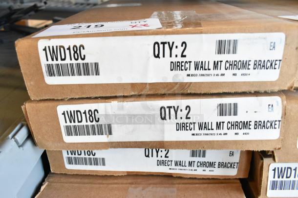 Box of 8 Metro 1WD18C chrome wall mount shelf supports, new condition. Labels indicate "QTY: 2 Direct Wall Mt Chrome Bracket."