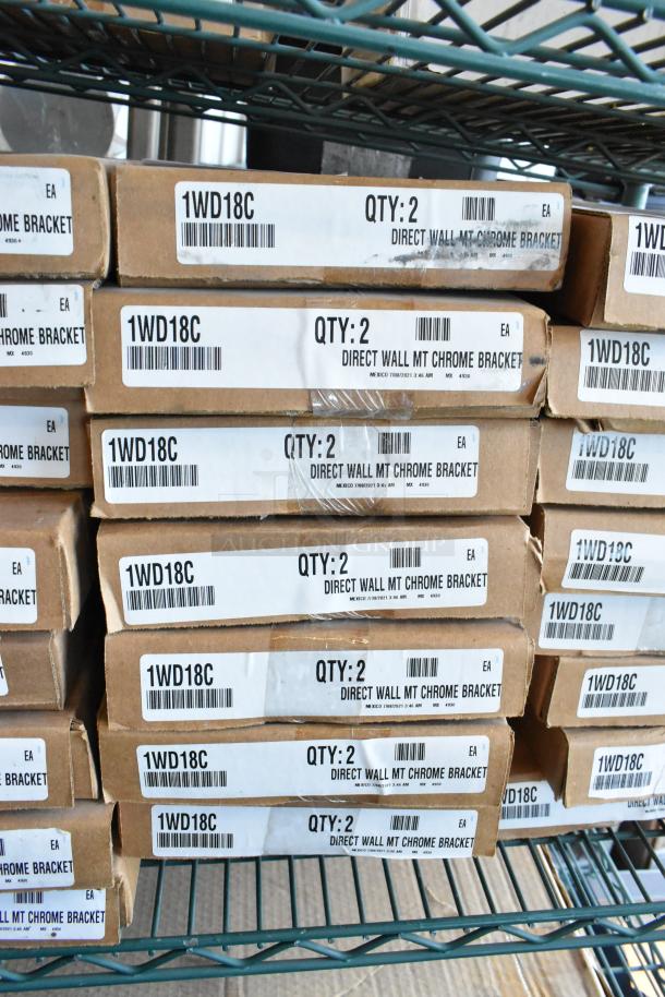 Box of 2 Metro 1WD18C chrome-plated wall mount shelf supports, brand new, 18-inch, auction lot of 8 boxes.