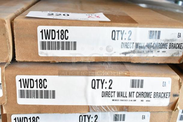 Box of 2 Metro 1WD18C chrome wall mount shelf supports, brand new, 18" size, quantity 8 available, labeled QTY:2.