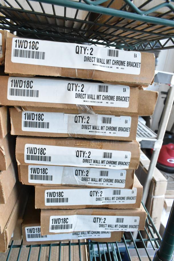 Box of 8 brand new Metro 1WD18C chrome wall mount shelf supports, 18", labeled "Direct Wall Mt Chrome Bracket," QTY: 2 per box.