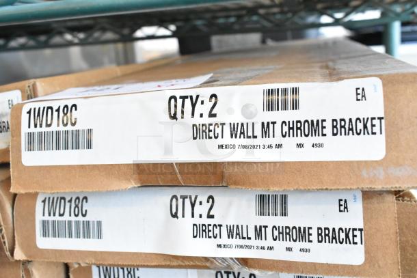 Box of 2 Metro 1WD18C chrome-plated 18" wall mount shelf supports, new condition, labeled with quantity and model.