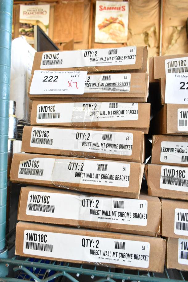 7 boxes of Metro 1WD18C wall mount shelf supports, chrome plated, brand new. Each box contains 2 supports.