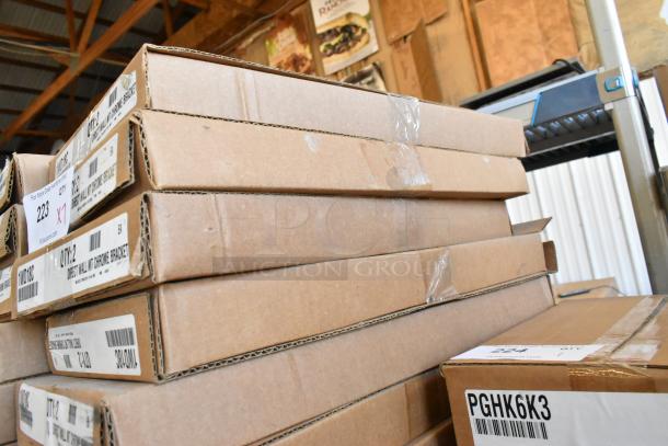 Box of 2 Metro 1WD18C chrome-plated 18" wall mount shelf supports, new in packaging. Quantity: 7 boxes.