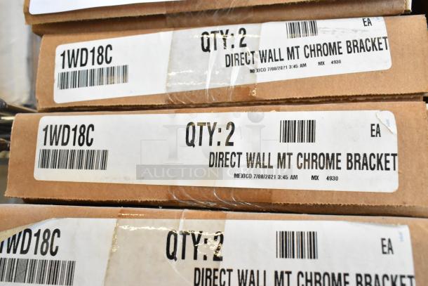 Box of two Metro 1WD18C chrome-plated 18" wall mount shelf supports, new with labels, quantity: 2 per box.