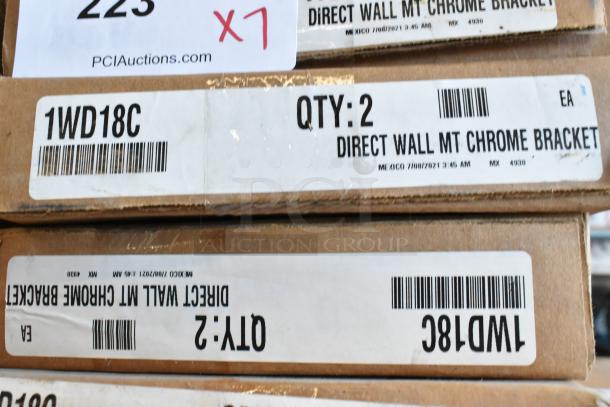 Box of 2 Metro 1WD18C Chrome Plated Single 18" Wall Mount Shelf Supports, new condition, labeled QTY: 2.