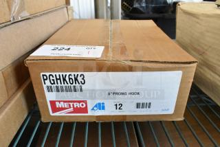 Box of 12 Metro PGHK6K3 6" prong hooks, brand new. Packaging shows labels with item details and quantity.