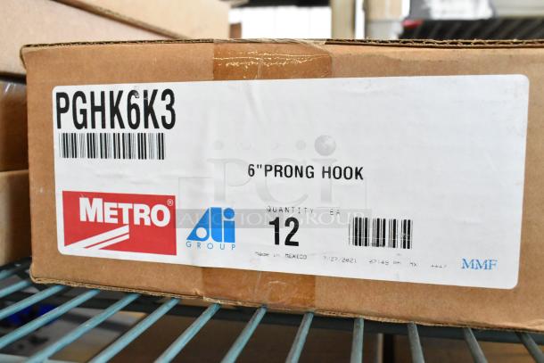 Box of 12 brand new Metro PGHK6K3 6" prong hooks, labeled with barcodes and manufacturing details, quantity of 12.