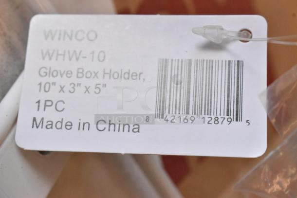 New Winware WHW-10 Glove Box Holder, 10"x3"x5", with label showing barcode, made in China.