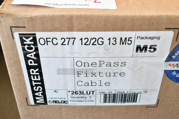 Brand new Reloc OnePass Fixture Cable OFC 277 12/2G 13 M5 in box. Box labeled Master Pack, Quantity: 5. Assembled in USA.