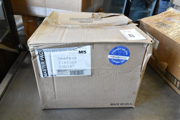 Box of Reloc OFC 277 12/2G 13 M5 OnePass Fixture Cable, new in box. Acuity Brands label, 5 units per box. Made in USA.