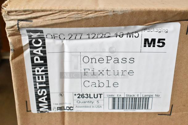 Brand new Reloc OFC 277 12/2G OnePass Fixture Cable in box. Label shows "M5," "Quantity: 5," and "Assembled in USA."