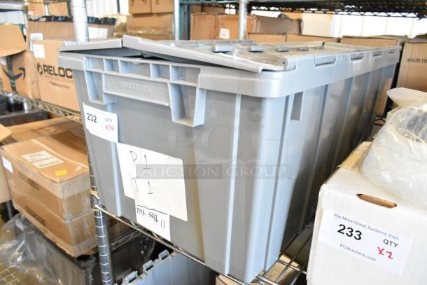 Gray bin containing 14 brand new Mobile Mark LTM940-A3CB3C000-BLK-180-SP-529 wires, with auction tag showing quantity.