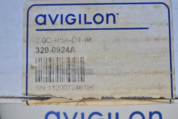 New Avigilon 2.0C-H5A-D1-IR camera box with model barcode, serial number 112007246196 displayed.