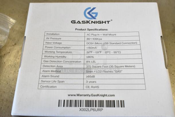 Box for GasKnight gas detector showing product specifications: AC plug, DC5V input, 8% LEL detection, 375 sq ft coverage.