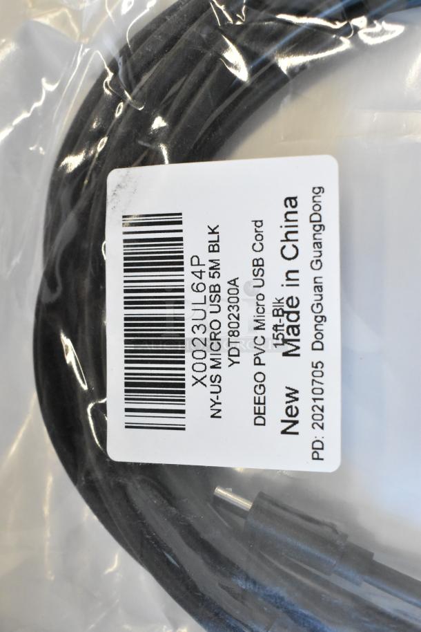 Packaged black Deego PVC micro USB cord, 5m, labeled "Made in China."
