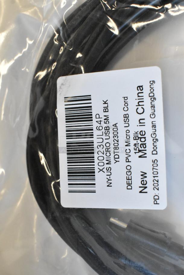 BRAND NEW! Lot of 4 items includes DEEGO PVC Micro USB Cord, 5M, black, Made in China, visible packaging label.