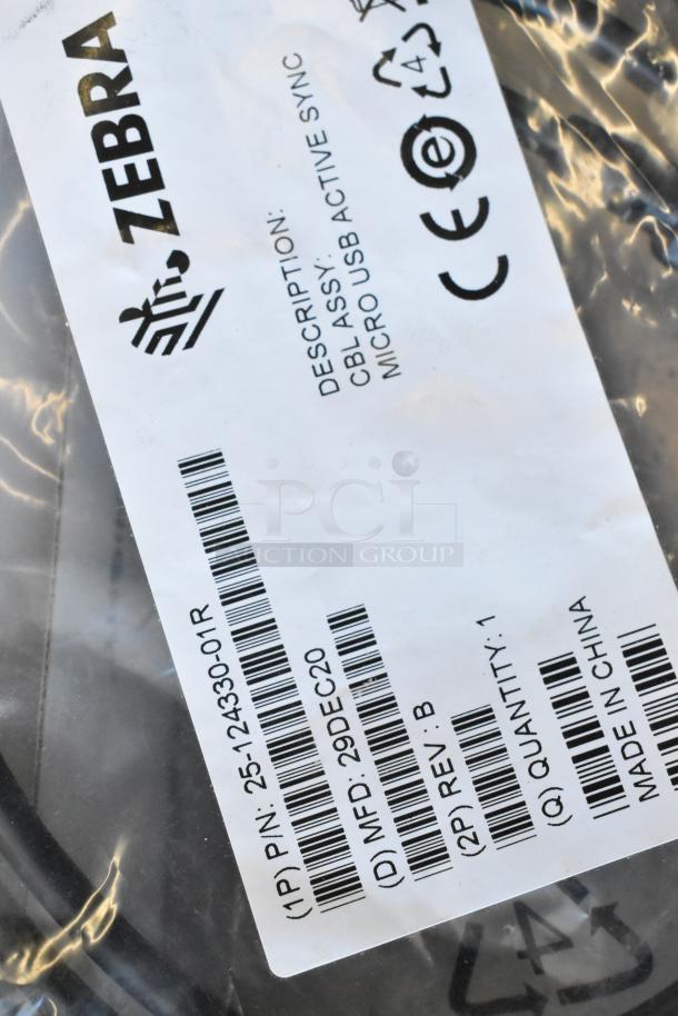 Brand new Zebra cable assembly, micro USB active sync, part number 25-124330-01R, manufactured December 2020, made in China.