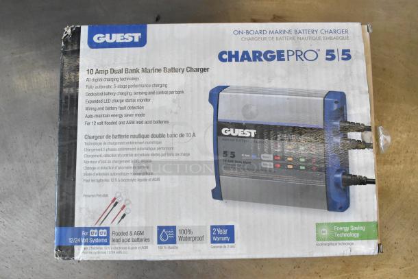 Brand new Guest Charge Pro 10 Amp Dual Bank Marine Battery Charger in box, features 5-stage charging, LED status, and waterproof design.