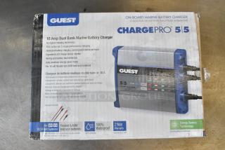Brand new Guest Charge Pro 10 Amp Dual Bank Marine Battery Charger in box, features 5-stage charging, LED status, and waterproof design.