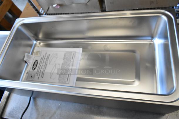 Brand new Hatco HW-43 stainless steel food warmer, 120V, 1 phase, shown with instructions inside. Suitable for commercial use.